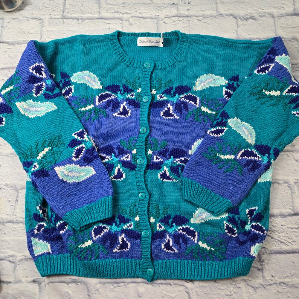 Vintage Robert Scott Textured Floral Chunky 3D Cardigan Blue Green size Large